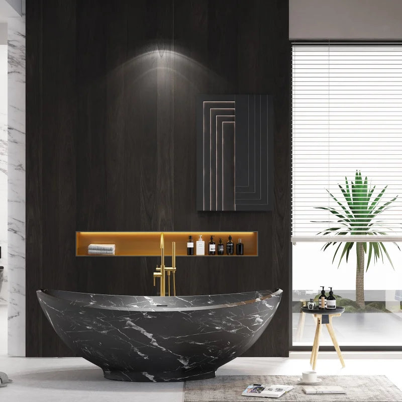 Freeform Natural Stone 1.7m Bathtub, Insulated Irregular Double Soaking Tub, Heat-Retention Freestanding Luxury Bath for Home