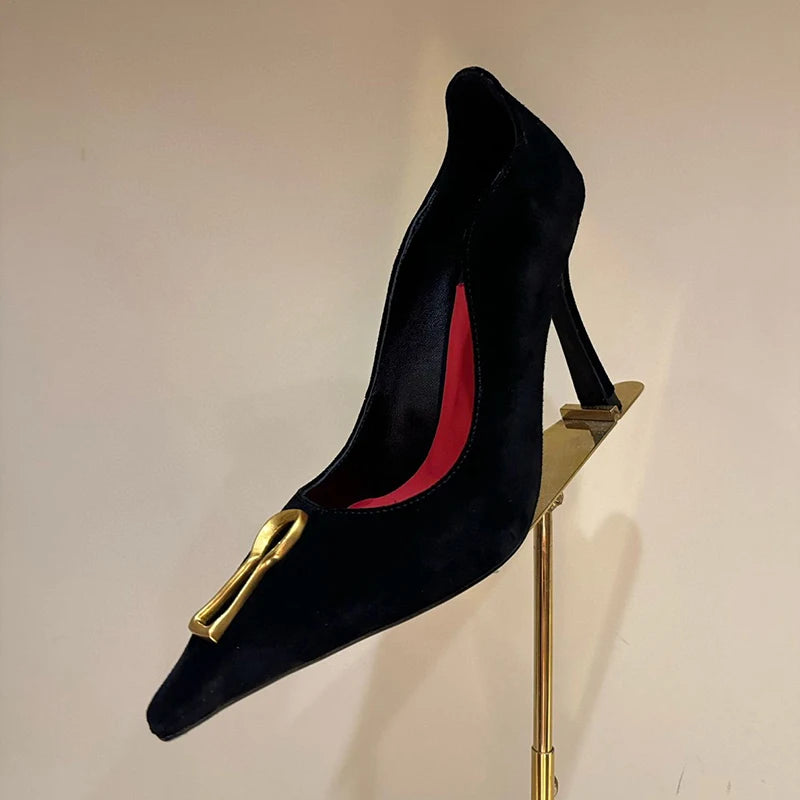 Spring Autumn Pointed Toe High Heels Women's Metal Decor Thin Heels Pumps Shallow Mouth Single Shoes Versatile Commuter Shoes