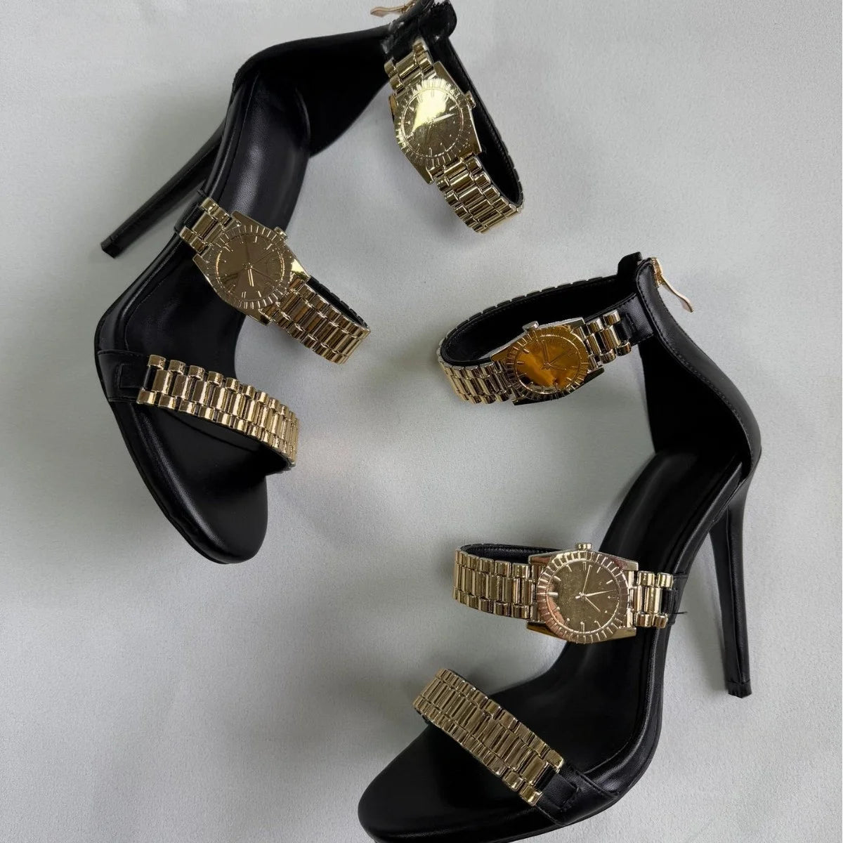 Womens Golden Watch Embellished Strap Sandals Sexy 12cm Stilettos High Heel Sandals Open Toe Ladies High Heels Party Shoes