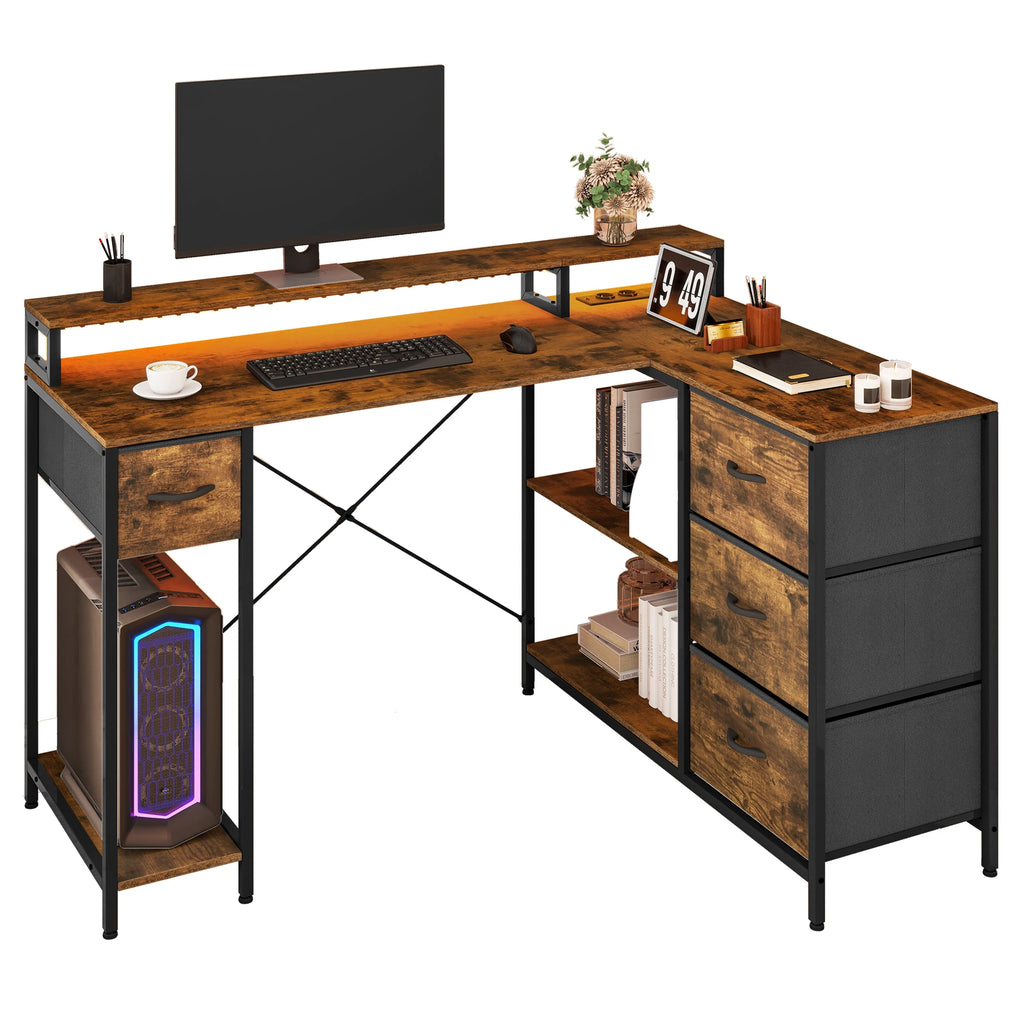 YITAHOME Brown L Shaped Office Desk 140x100cm with USB Charging 4 Drawers