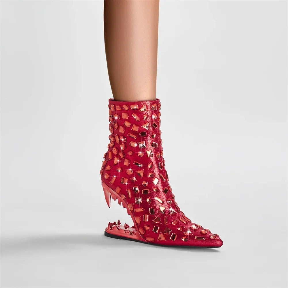 High Quality European and American Designer Runway Shoes 2023 Sexy Shaped High Heels, Fashionable Flame Rhinestone Short Boots