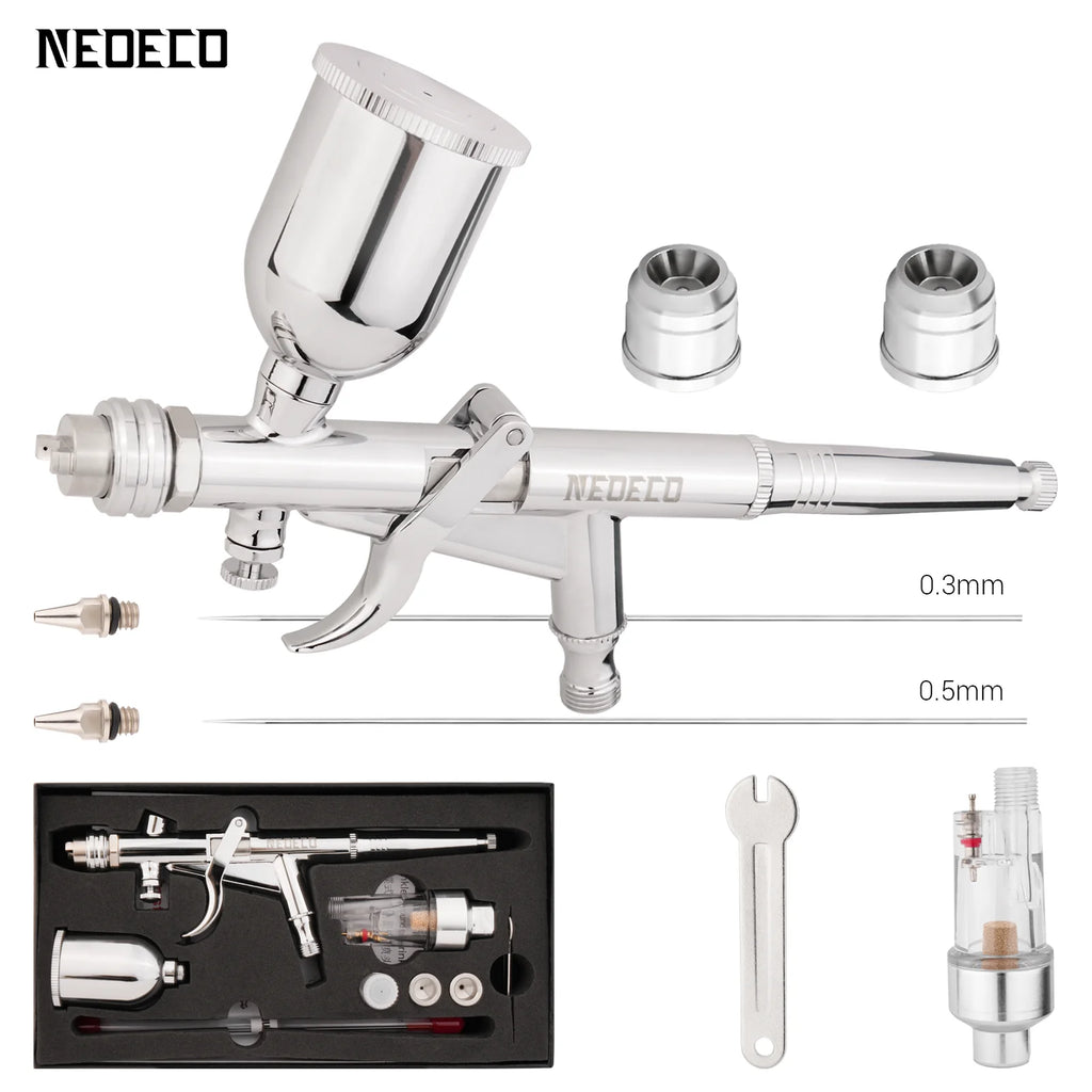 Pistol Grip Airbrush Kit 0.3mm/0.5mm with Fan Cap 15CC Fluids Cups Efficiency for Car Model DIY Painting Makeup Nail Art Cake