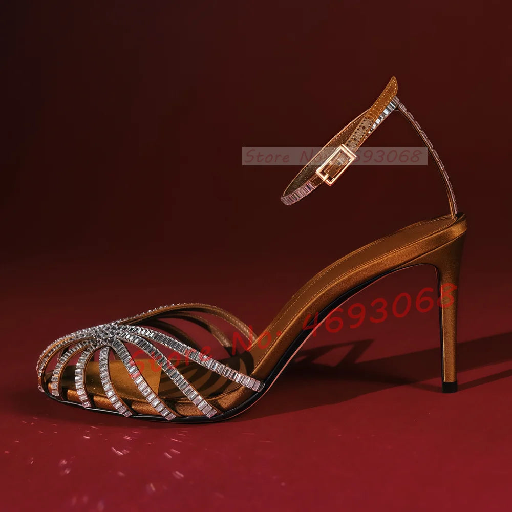 Chocolate Crystal Cross Sandals Women Cross Strap Summer Vacation Shoes Stiletto Heels Sexy Banquet Casual High Heels Sandals