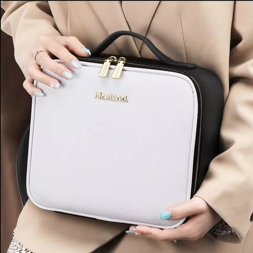 New LED Lighted Cosmetic Case with Mirror PU Leather Portable Travel Makeup Storage Bags