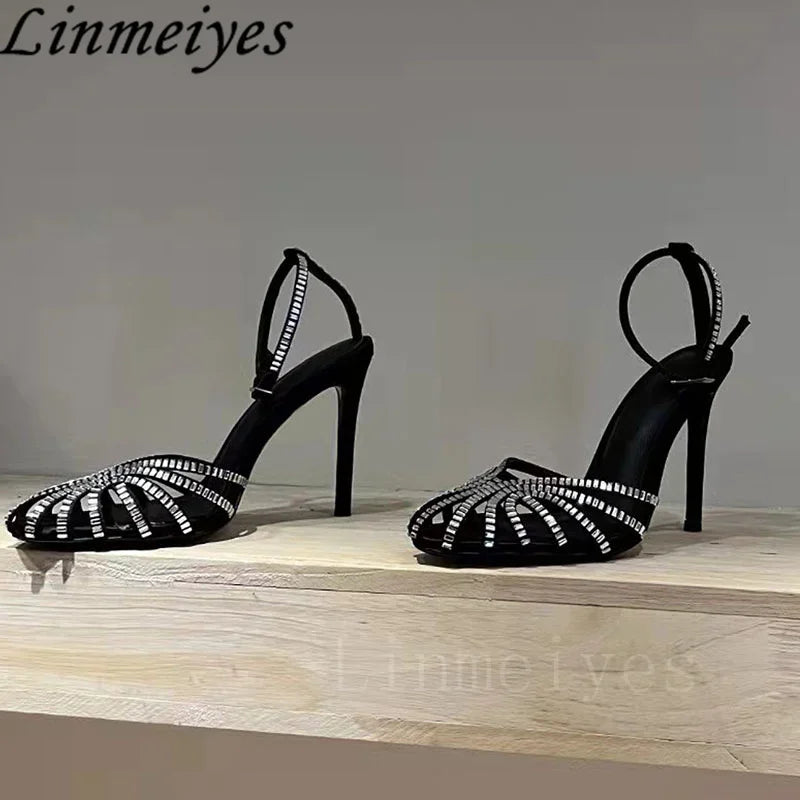 Rhinestone Sandals Woman High Heels Hollow Outs Summer Sandalias Woman Ankle Strap Crystal Shoes Women Stiletto Sandals Woman