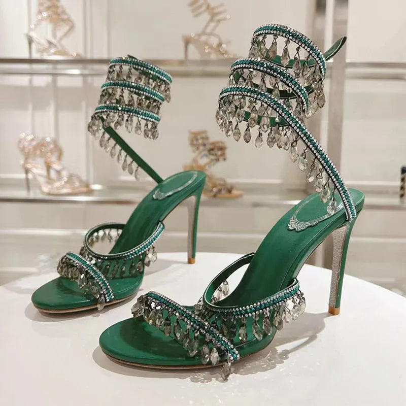 Sexy High Heels Gladiator Sandals Women Crystal String Bead Snake Twine Around Ankle Strap Wedding Shoes Summer Sandals Woman