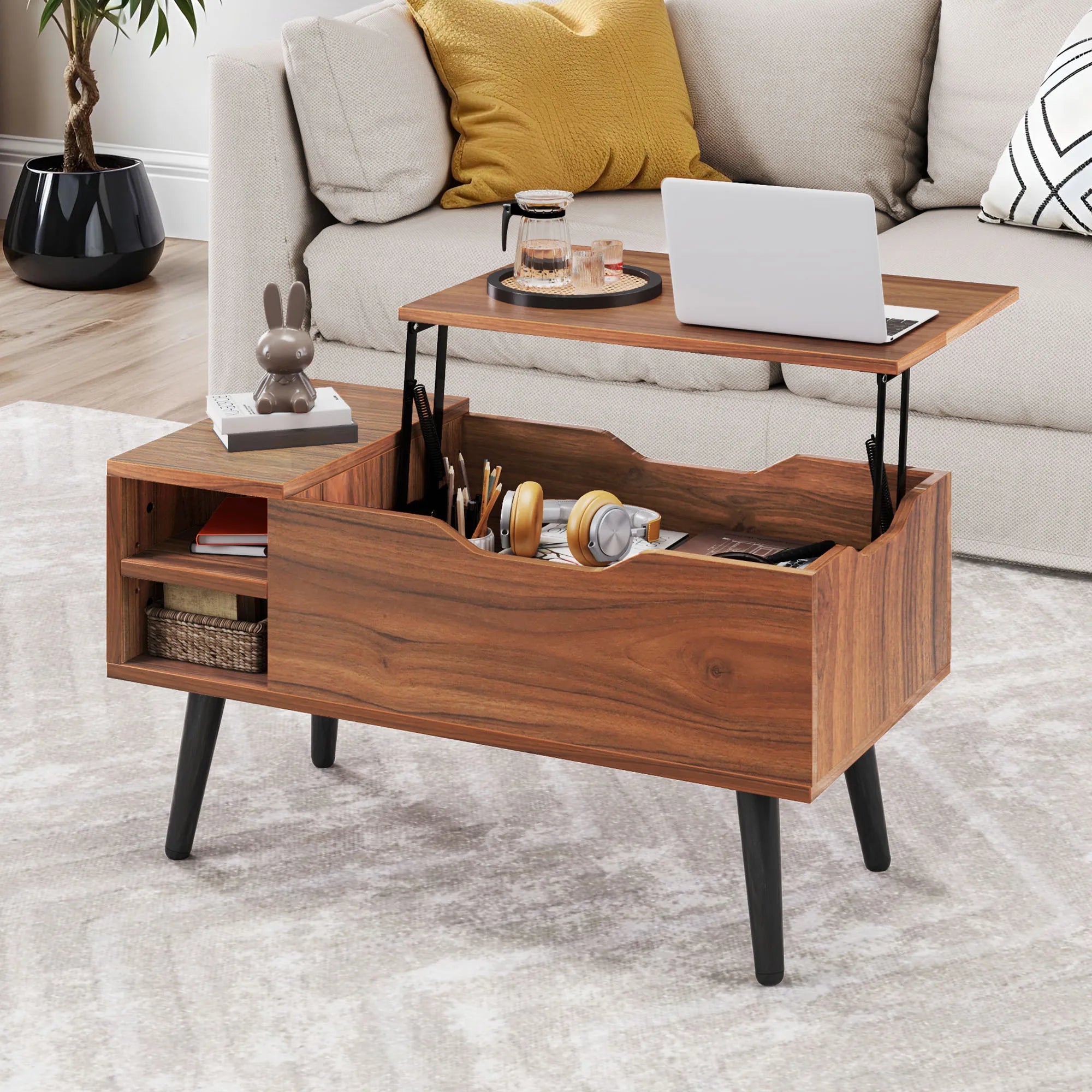YITAHOME Rustic Oak Lift-Top Coffee Table - Adjustable Shelf & Hidden Storage, Spring Lifter, 80x40x61.5cm for Living Room