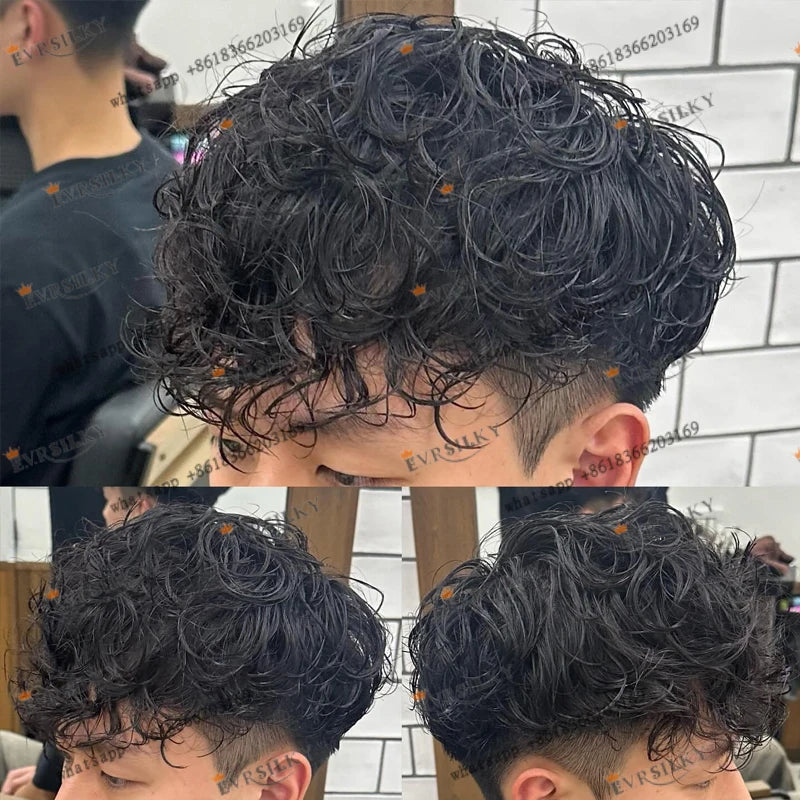 Durable 28mm Curly Men Hair Pieces System Prosthesis Capillary Natural Hairline Human Hair Men Toupee Full Skin PU Base Wig