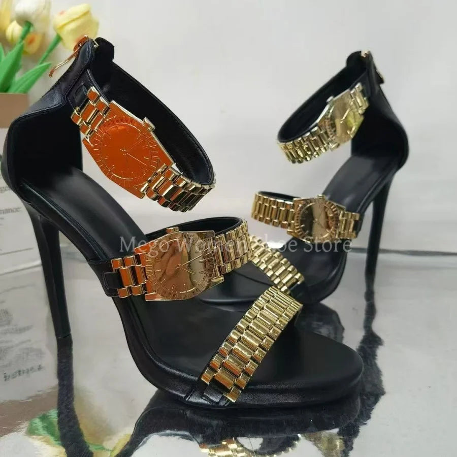 2025 New Metal Watch Strap Decorative Sandals Golden Open Toed Stiletto High Heels Women's Shoes Fashion Sandals Large Size 43