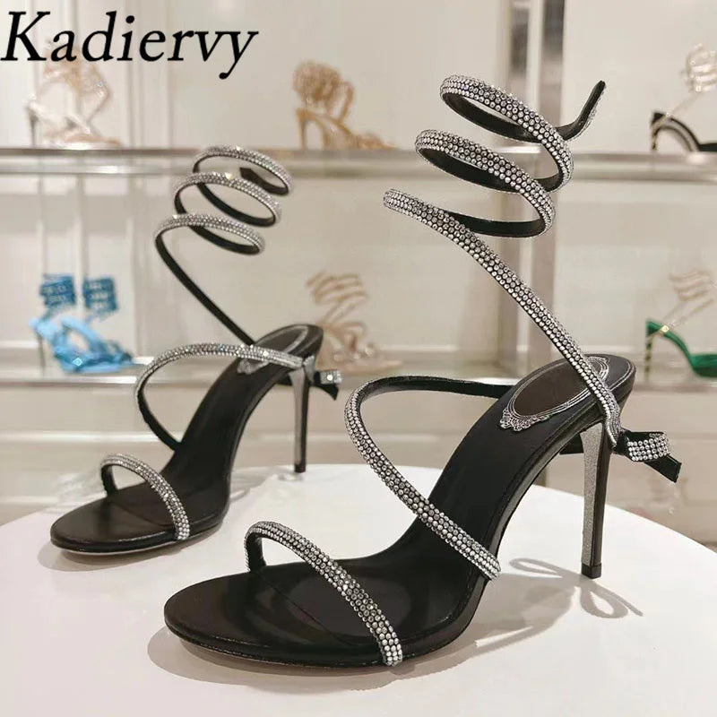 Summer High Heels Sandals Woman Crystal Snake Twine Around Ankle Strap Wedding Shoes Stiletto Butterfly-knot Sandals For Women