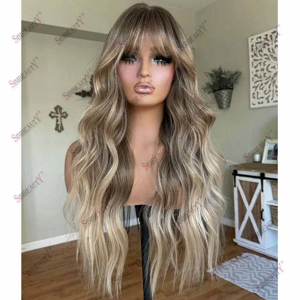 Transparent Lace Full Lace Wig Human Hair Ombre Light Browm Ash Blonde With Bangs 13*6 Lace Frontal Wigs for Women European Hair