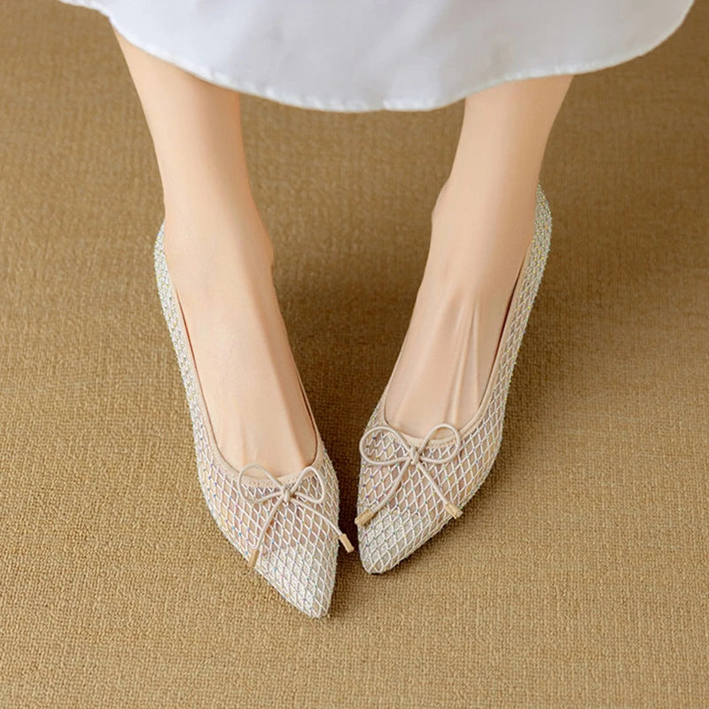NEW Spring/Autumn Women Pumps Pointed Toe Thin Heel Shoes Sweet Mesh Shoes for Women Elegant Bow-knot Shallow Slip-on High Heels