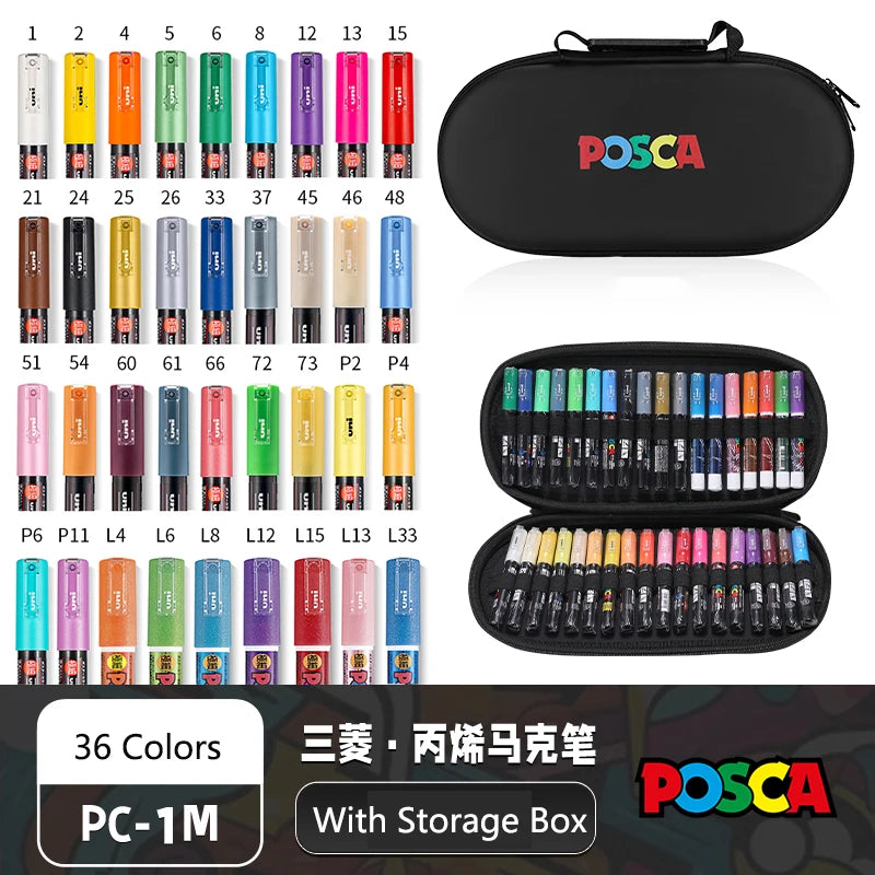 POSCA Acrylic Markers Organized in Bags, 0.7-2.5mm School Coloring Pens, Handy Original Japanese Professional Art Paint Supplies