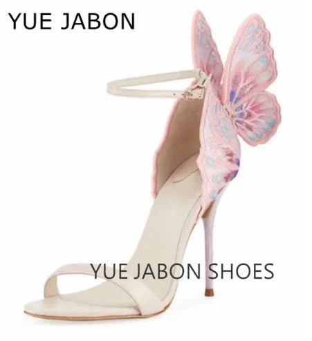 Black butterfly sandals leather metallic embroidered angel wings dress woman high heels open toe buckle strap lady thin pumps