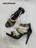 Womens Golden Watch Embellished Strap Sandals Sexy 12cm Stilettos High Heel Sandals Open Toe Ladies High Heels Party Shoes