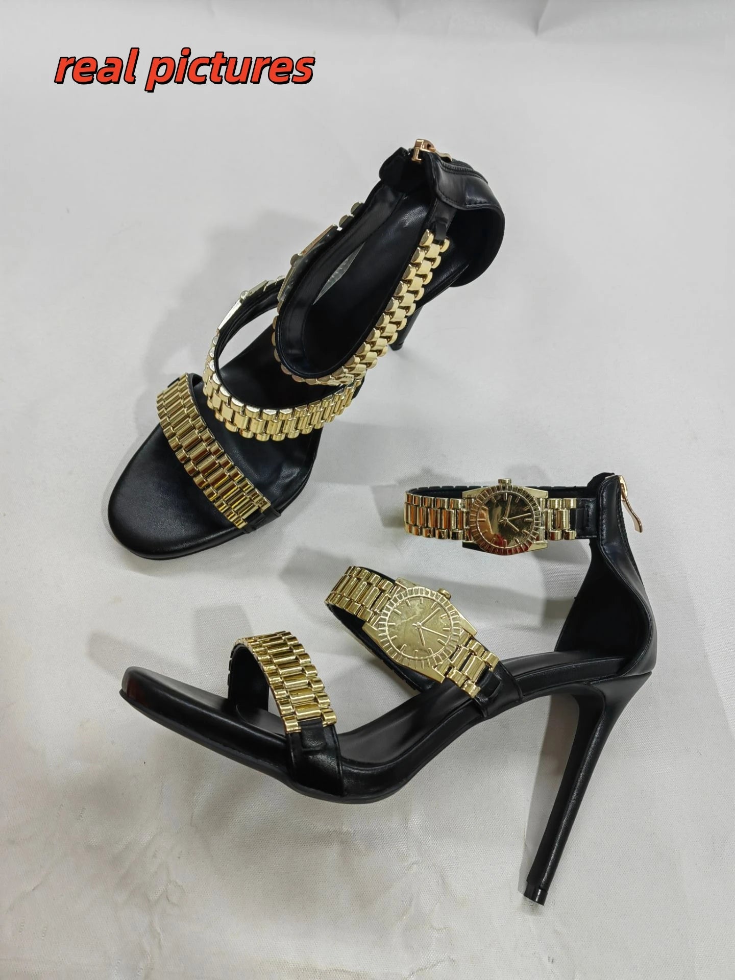 Womens Golden Watch Embellished Strap Sandals Sexy 12cm Stilettos High Heel Sandals Open Toe Ladies High Heels Party Shoes