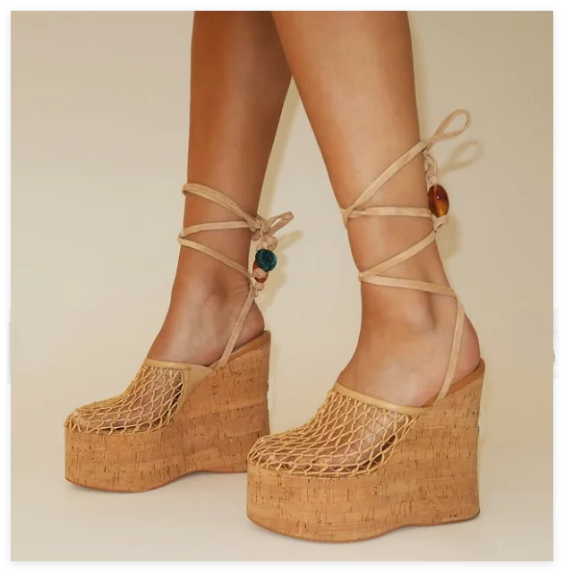 Mesh Caged Platform Wedges Sandals Nude/Black Lace up Super High Heels 2025 Summer New in Women‘s Luxury Designer Party Shoes