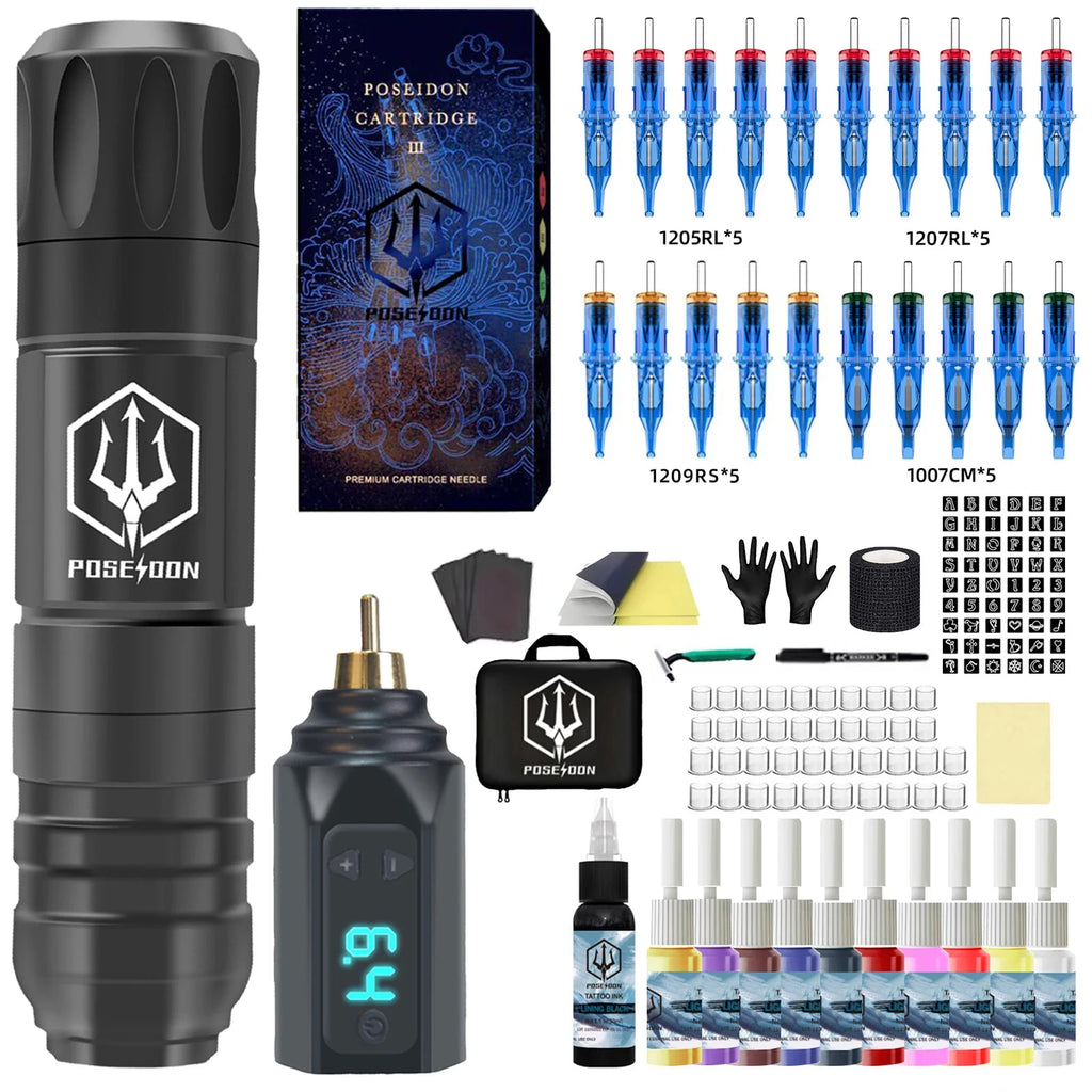 POSEIDON Tattoo Gun Kit Tattoo Supplies Makeup Complete Tattoo Pen Kit Professional Tattoo Kit Wireless Power Tattoo Machine Kit