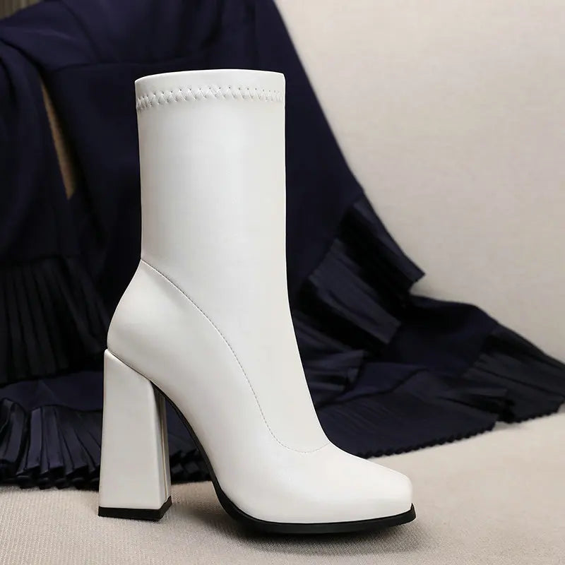 Plus Size 44 11 Solid White Black Zip Up Square Slash Toe Womens Winter Shoes Block Straight High Heels Mid-calf Stretch Boots