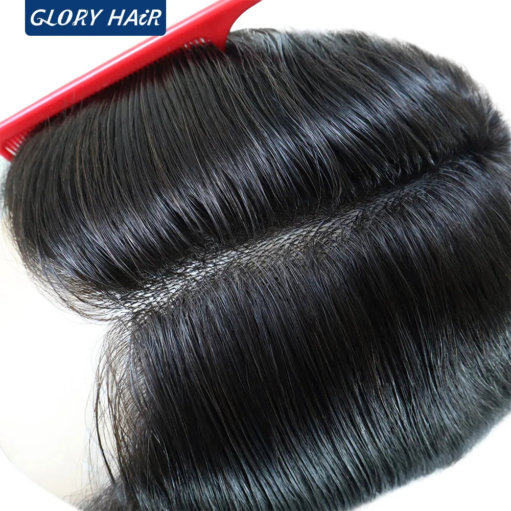 Full Head Wig 6 inches Short Straight Hair Thin Skin Full PU Wig for Man and Women Natural Black 130% Density Human Hair Wig