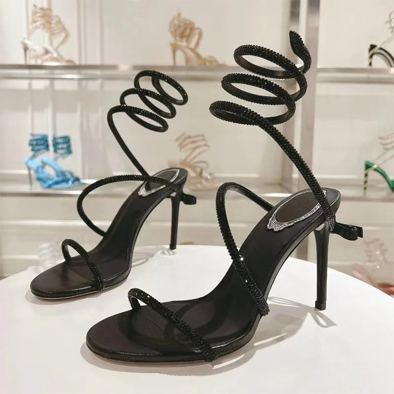 Summer High Heels Sandals Woman Crystal Snake Twine Around Ankle Strap Wedding Shoes Stiletto Butterfly-knot Sandals For Women
