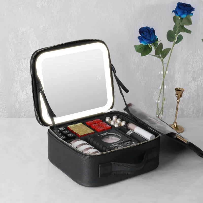 New LED Lighted Cosmetic Case with Mirror PU Leather Portable Travel Makeup Storage Bags