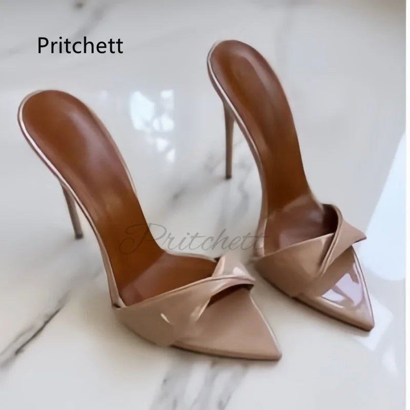 Twist Strap Stiletto Women's Slippers Sexy High Heels Open Pointed Toe Summer Leather Mules Ladies Stylish Outside Party Shoes