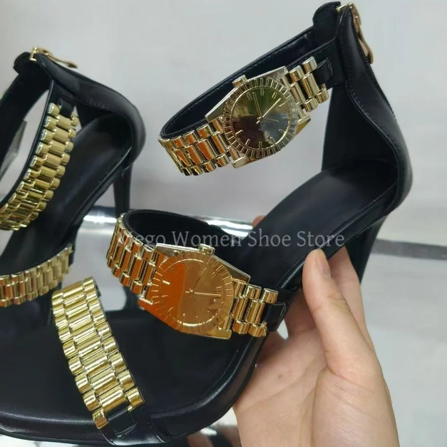 2025 New Metal Watch Strap Decorative Sandals Golden Open Toed Stiletto High Heels Women's Shoes Fashion Sandals Large Size 43