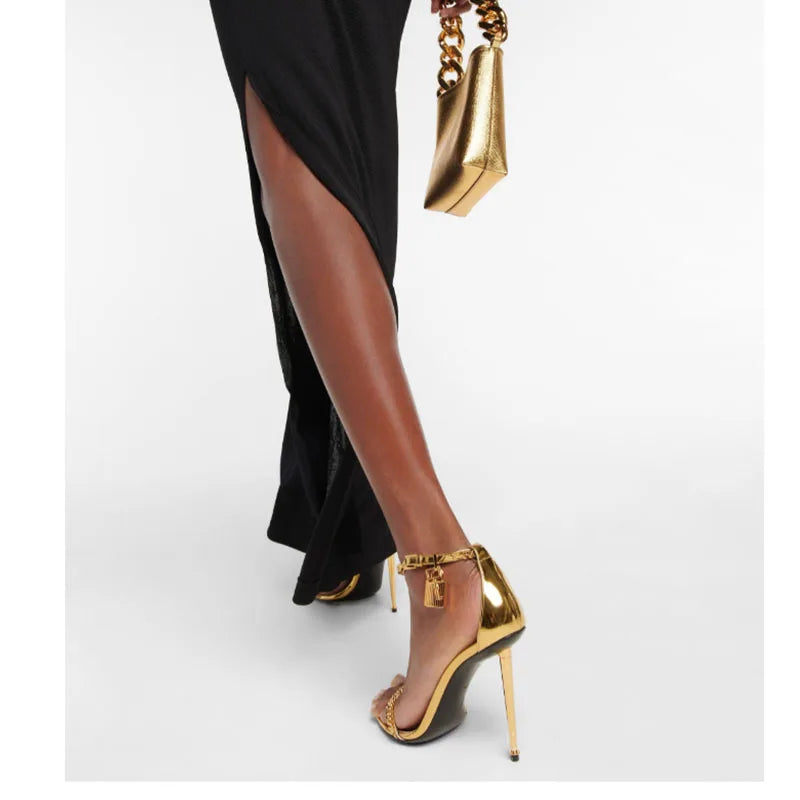 Fashion Minimalist Gold Chain Padlock High-heel Sandals European American Sexy Slim Heel Open Toe Metal Chain Pointed High Heels
