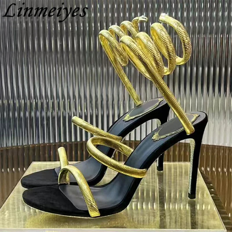 Summer High Heels Sandals For Women Ankle Snake Twine Around Runway Party Shoes Woman Stiletto Gladiator Sandals Woman