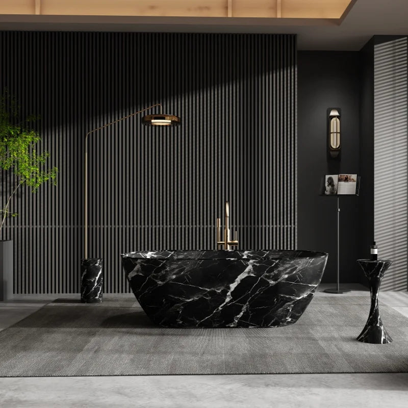 Freeform Natural Stone 1.7m Bathtub, Insulated Irregular Double Soaking Tub, Heat-Retention Freestanding Luxury Bath for Home