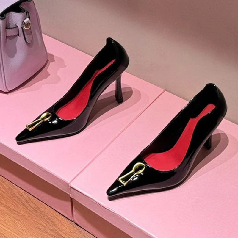 Spring Autumn Pointed Toe High Heels Women's Metal Decor Thin Heels Pumps Shallow Mouth Single Shoes Versatile Commuter Shoes