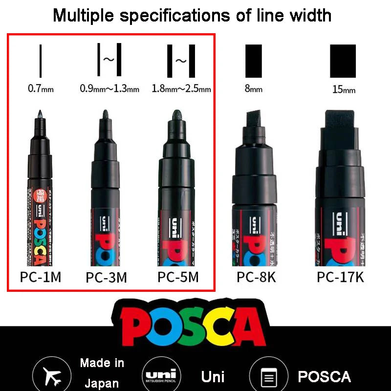 POSCA Acrylic Markers Organized in Bags, 0.7-2.5mm School Coloring Pens, Handy Original Japanese Professional Art Paint Supplies
