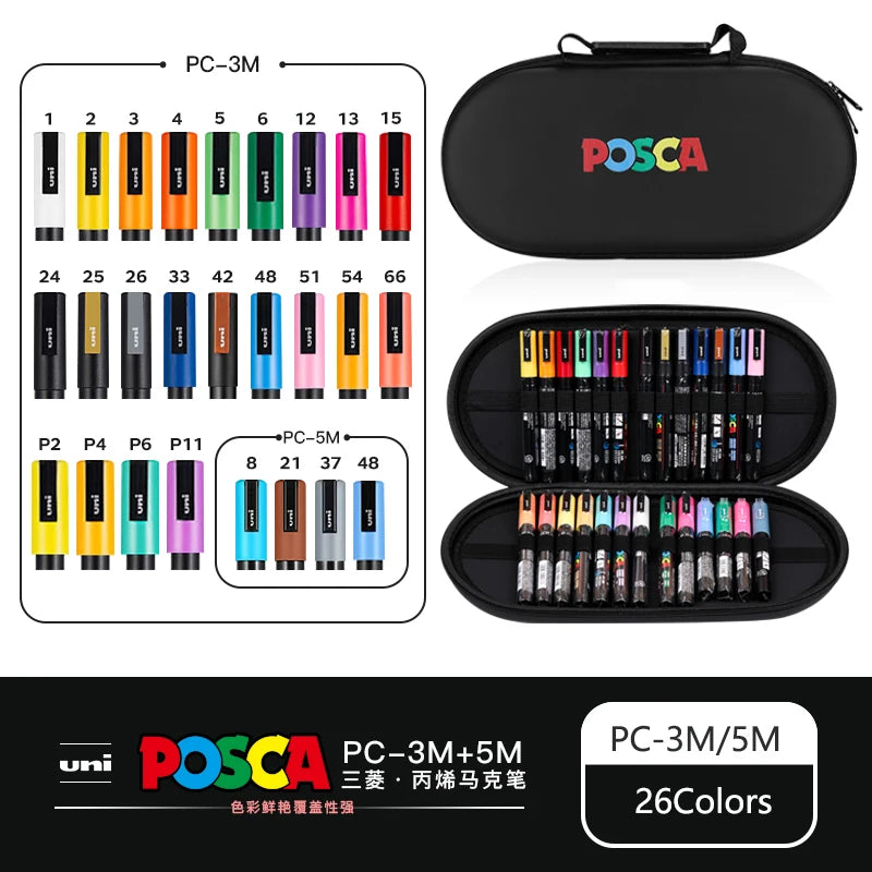 POSCA Acrylic Markers Organized in Bags, 0.7-2.5mm School Coloring Pens, Handy Original Japanese Professional Art Paint Supplies