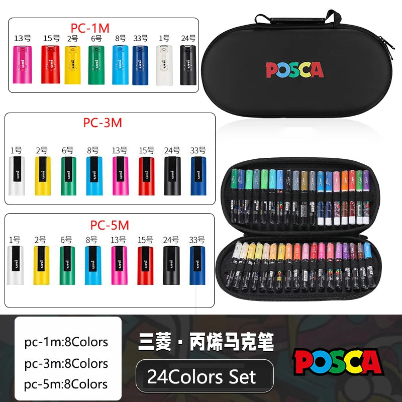 POSCA Acrylic Markers Organized in Bags, 0.7-2.5mm School Coloring Pens, Handy Original Japanese Professional Art Paint Supplies