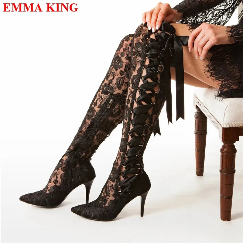 Fashion Black Lace Over The Knee Boots Lace Up Gothic Thigh High Boots High Heels Long Bridal Boots Pointed White Wedding Boots