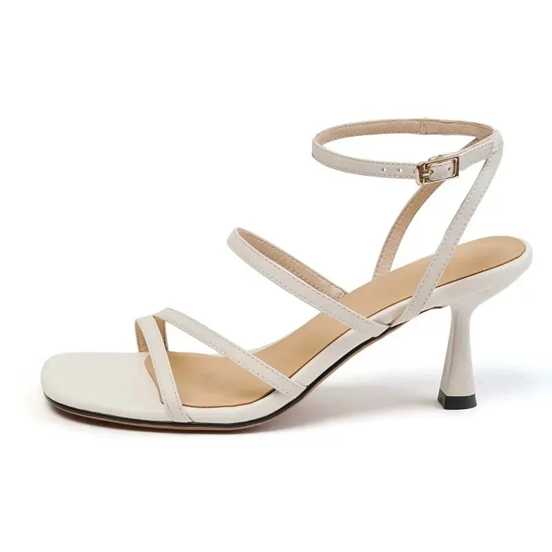 2025 New Trend Ankle Strap Sandals Summer Women Sexy Party Ladies Open Toe High Heels Woman Beige Apricot One Word Buckle Sandal