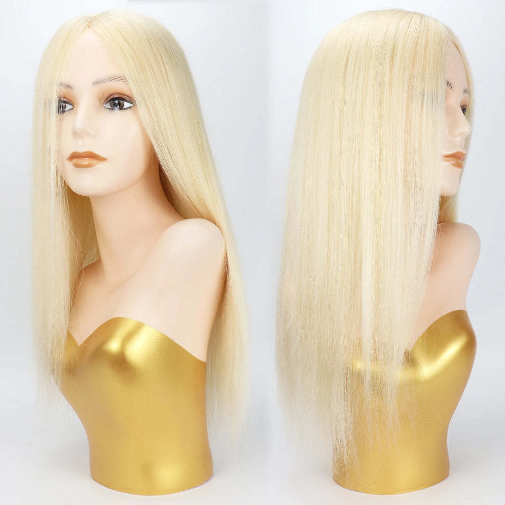 Light Blonde 6x6" Silk Base Wig for Women 18inch Remy Human Hair Wig with PU Around Medical Wig Elastic Net Everyday Wear