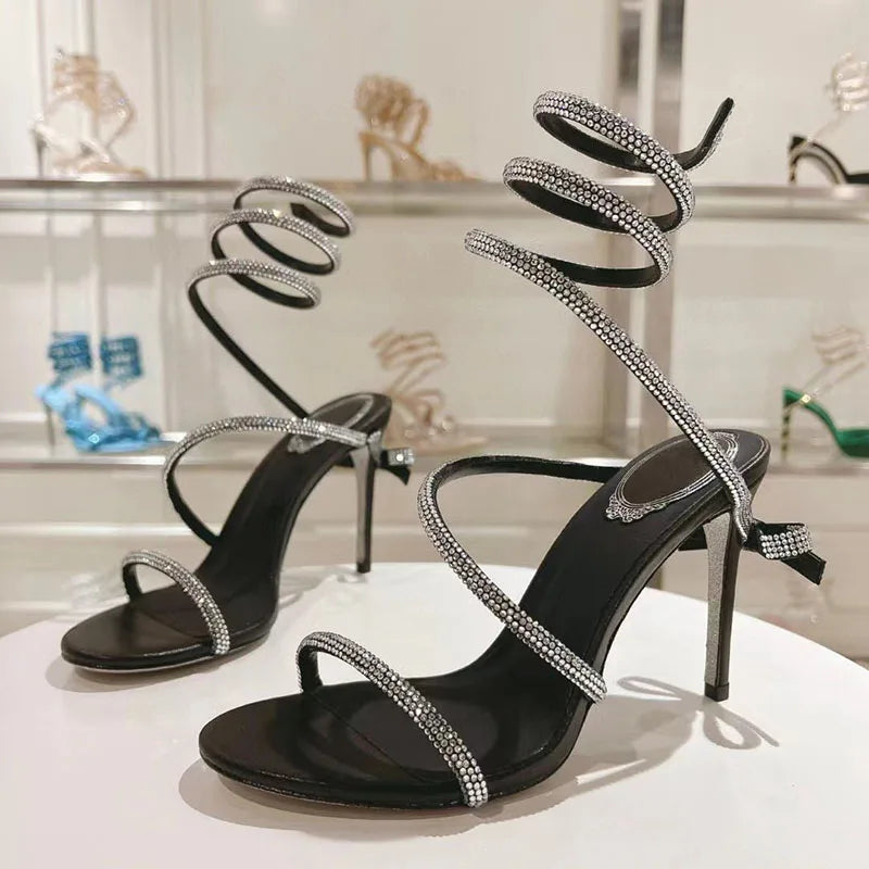 Summer High Heels Sandals Woman Crystal Snake Twine Around Ankle Strap Wedding Shoes Stiletto Butterfly-knot Sandals For Women