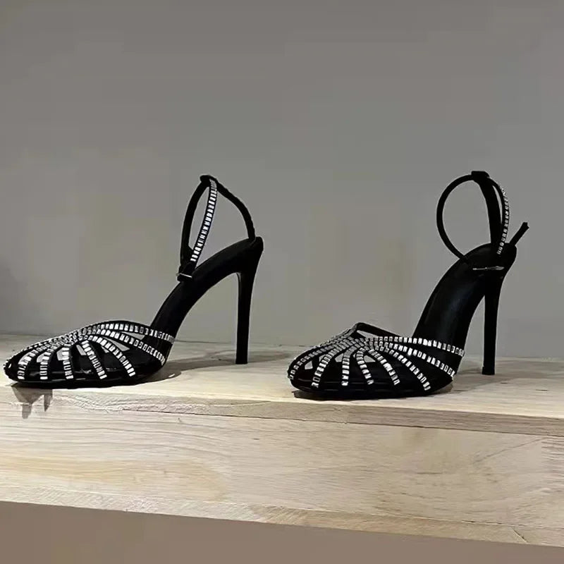Rhinestone Sandals Woman High Heels Hollow Outs Summer Sandalias Woman Ankle Strap Crystal Shoes Women Stiletto Sandals Woman