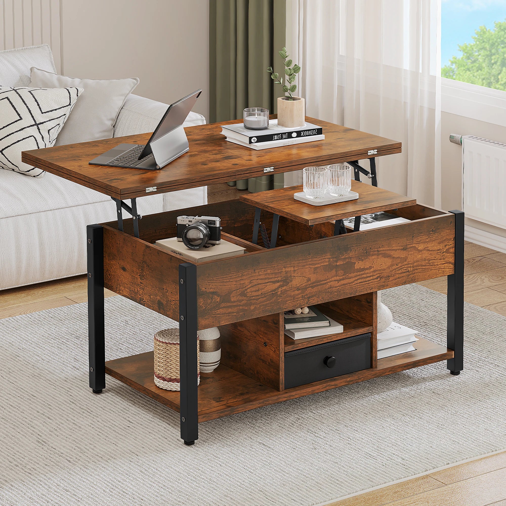 YITAHOME Lift Top 4-in-1 Coffee Table - Dining Table Convertible with Storage Drawers for Living Room