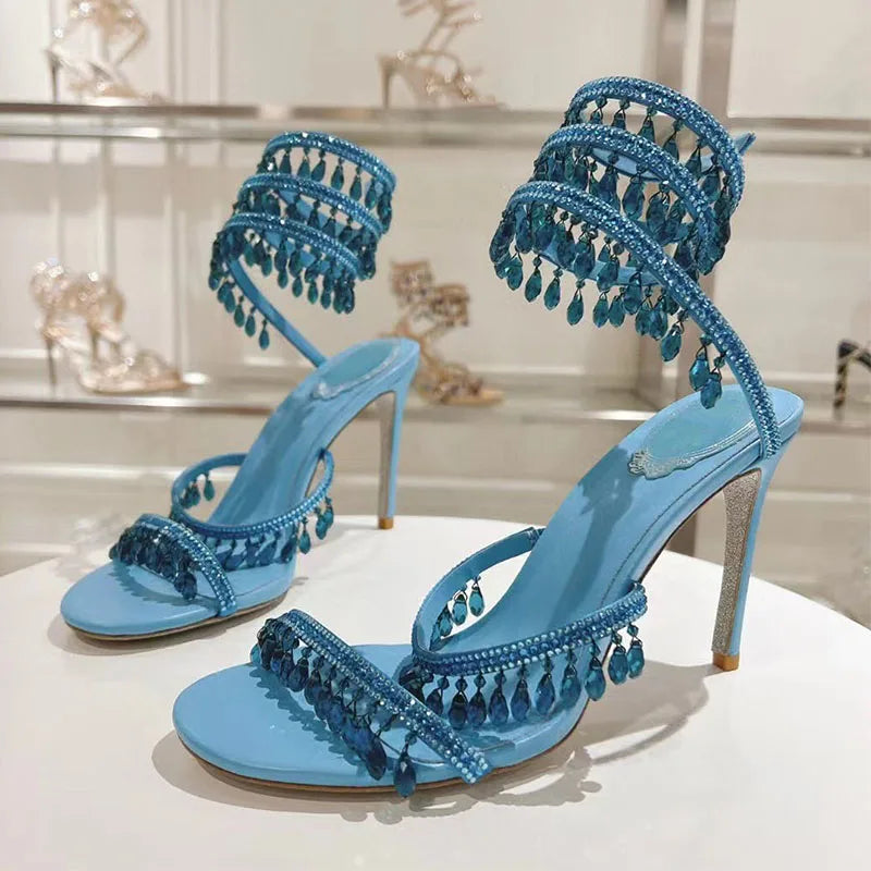 Sexy High Heels Gladiator Sandals Women Crystal String Bead Snake Twine Around Ankle Strap Wedding Shoes Summer Sandals Woman