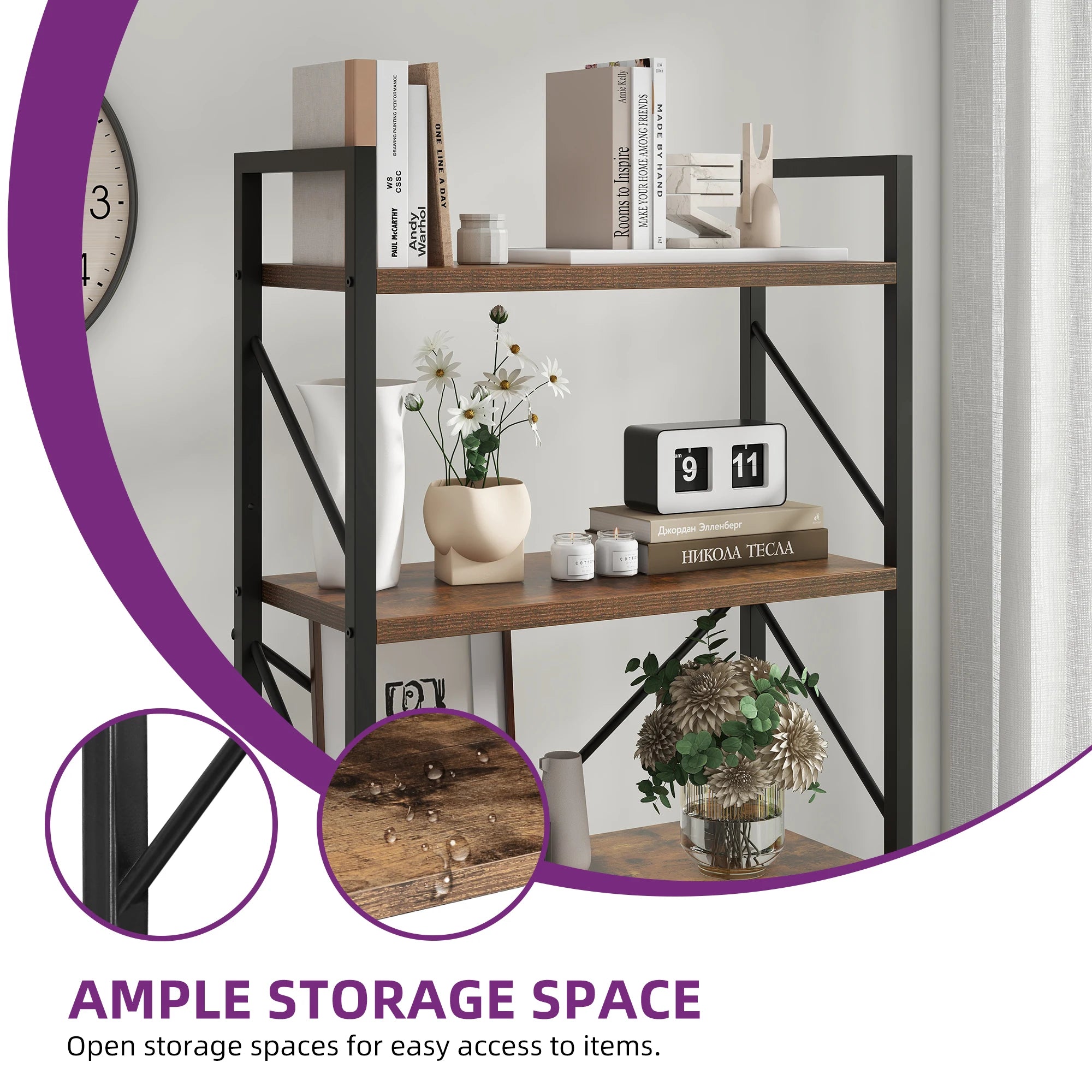 YITAHOME Rustic Brown 5-Tier Bookcase - Industrial Metal Shelf for Living Room Bedroom Office