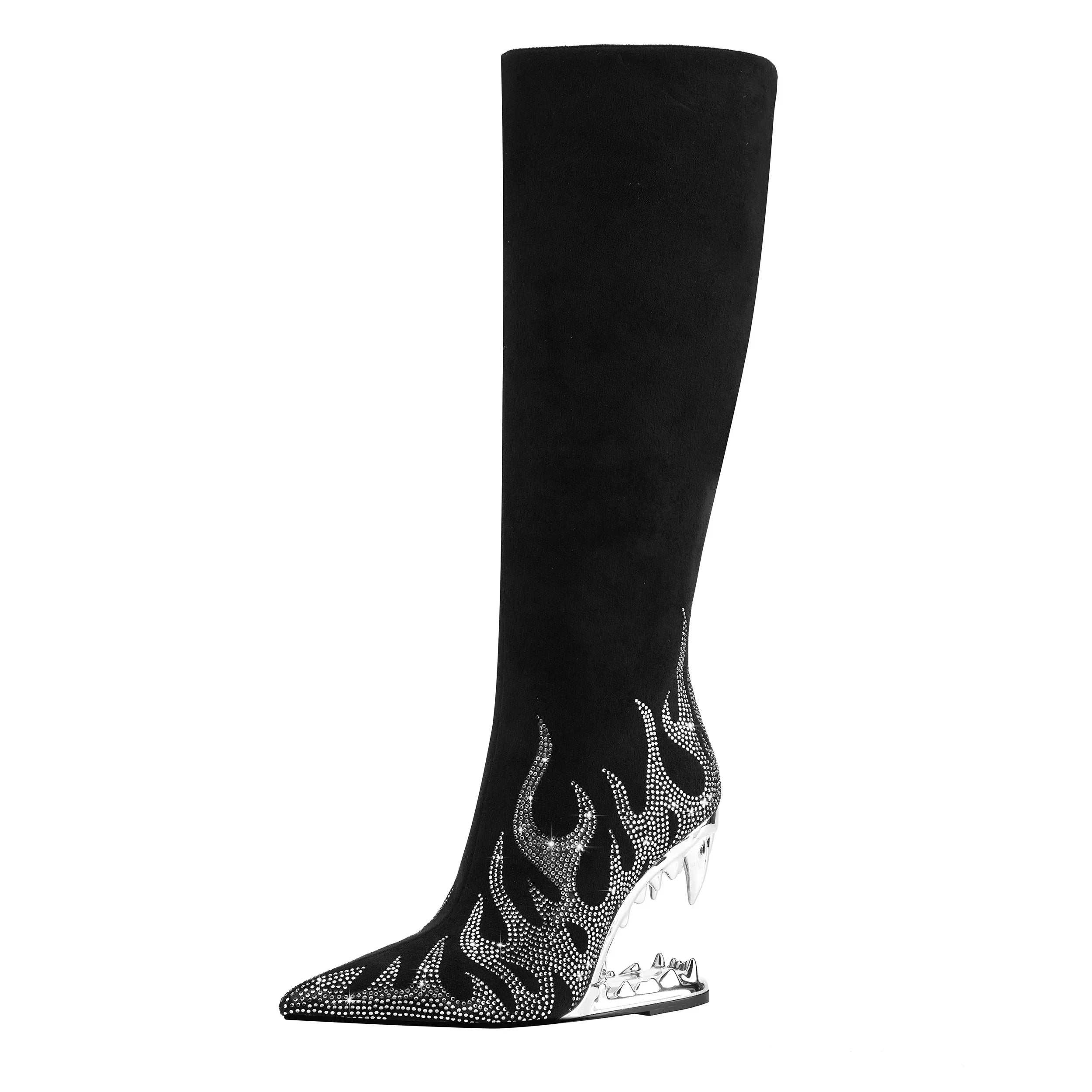 High Quality European and American Designer Runway Shoes 2023 Sexy Shaped High Heels, Fashionable Flame Rhinestone Short Boots
