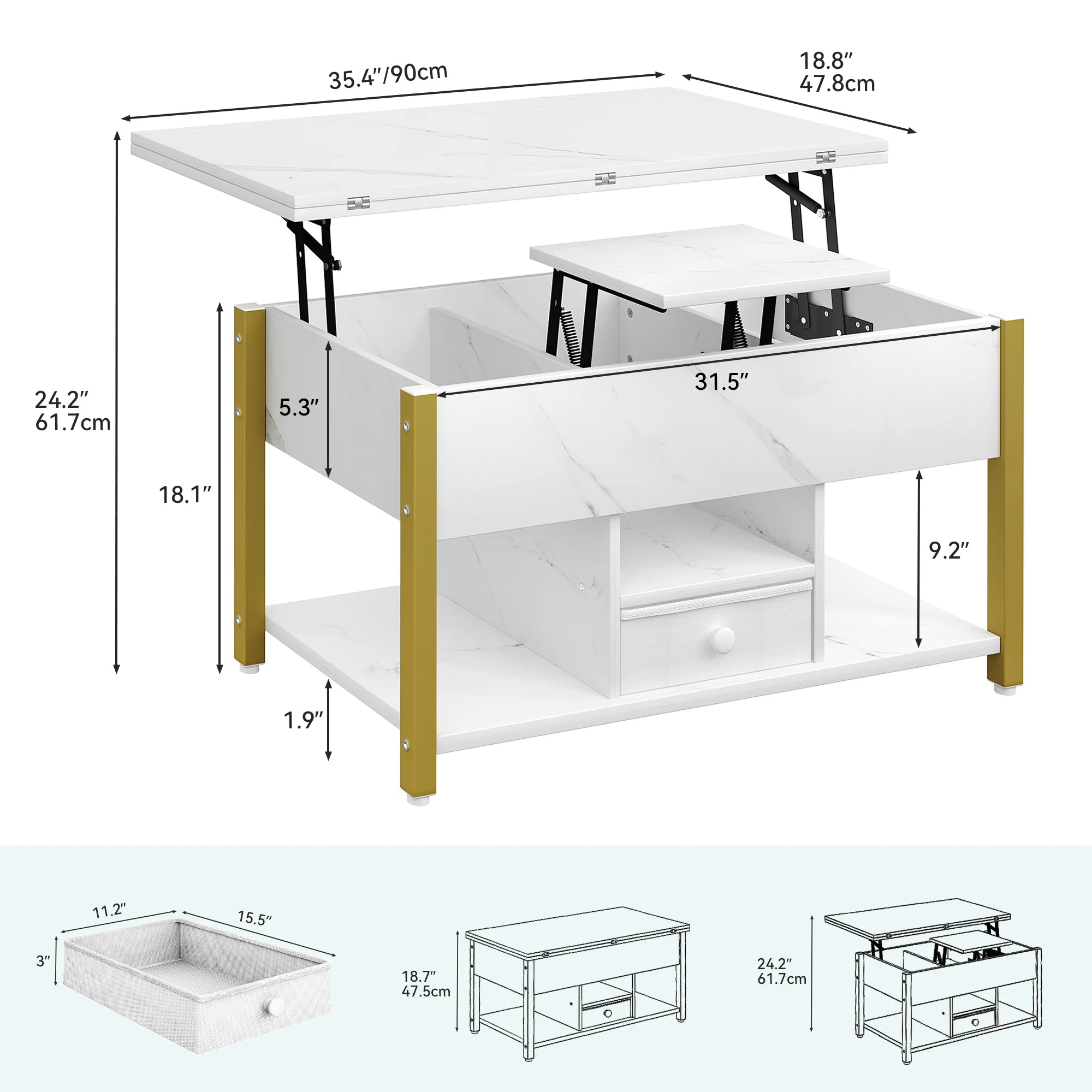 YITAHOME White Marble Lift Top Coffee Table 4 in 1 with Drawers Storage Converts to Dining Table for Living Room