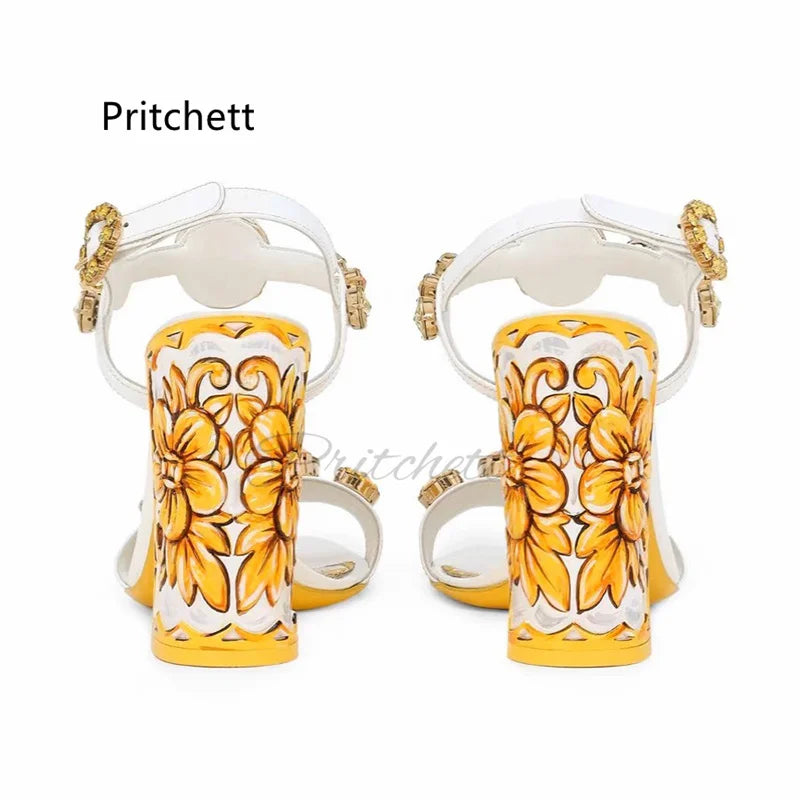 Bohemian Yellow Prints Chunky Heels Women's Sandals Rhinestone Jewels High Heels Summer Open Toe Vacation Beach Shoes 6/10Cm