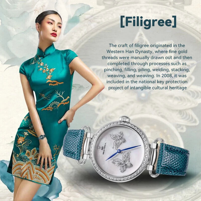 Seagull Women Watch Luxury Mechanical Wristwatch Crystal Pearl of Mother Dial Clock Butterfly Filigree Craft Lady Watches 8101L