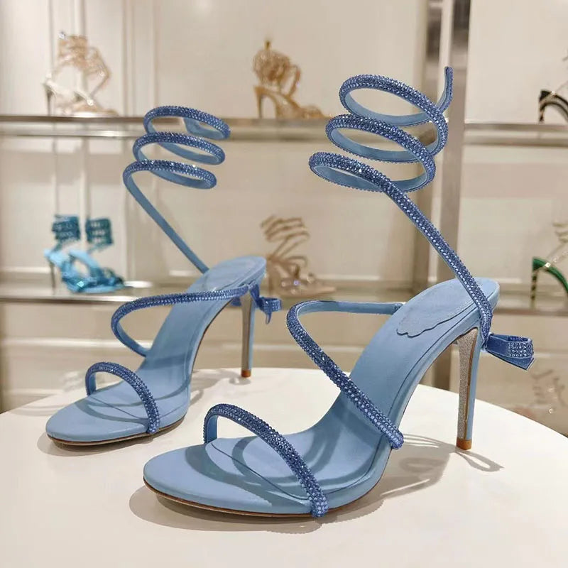 Summer High Heels Sandals Woman Crystal Snake Twine Around Ankle Strap Wedding Shoes Stiletto Butterfly-knot Sandals For Women