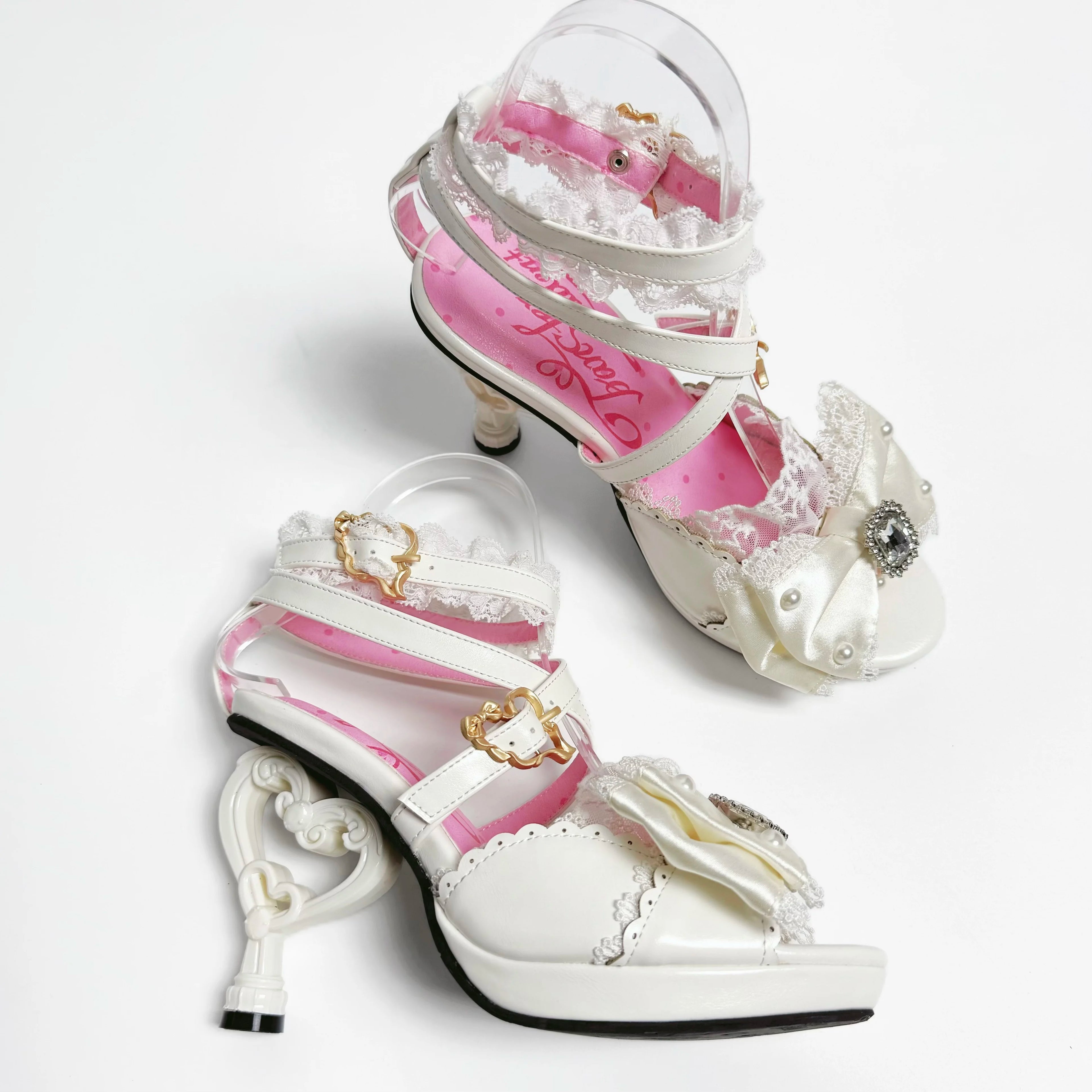 Original Lo Fish Mouth Sandals New Summer Girls Women's Rhinestone Satin Bow High Heel Sandals Sweet Lace Bow Lolita High Heels