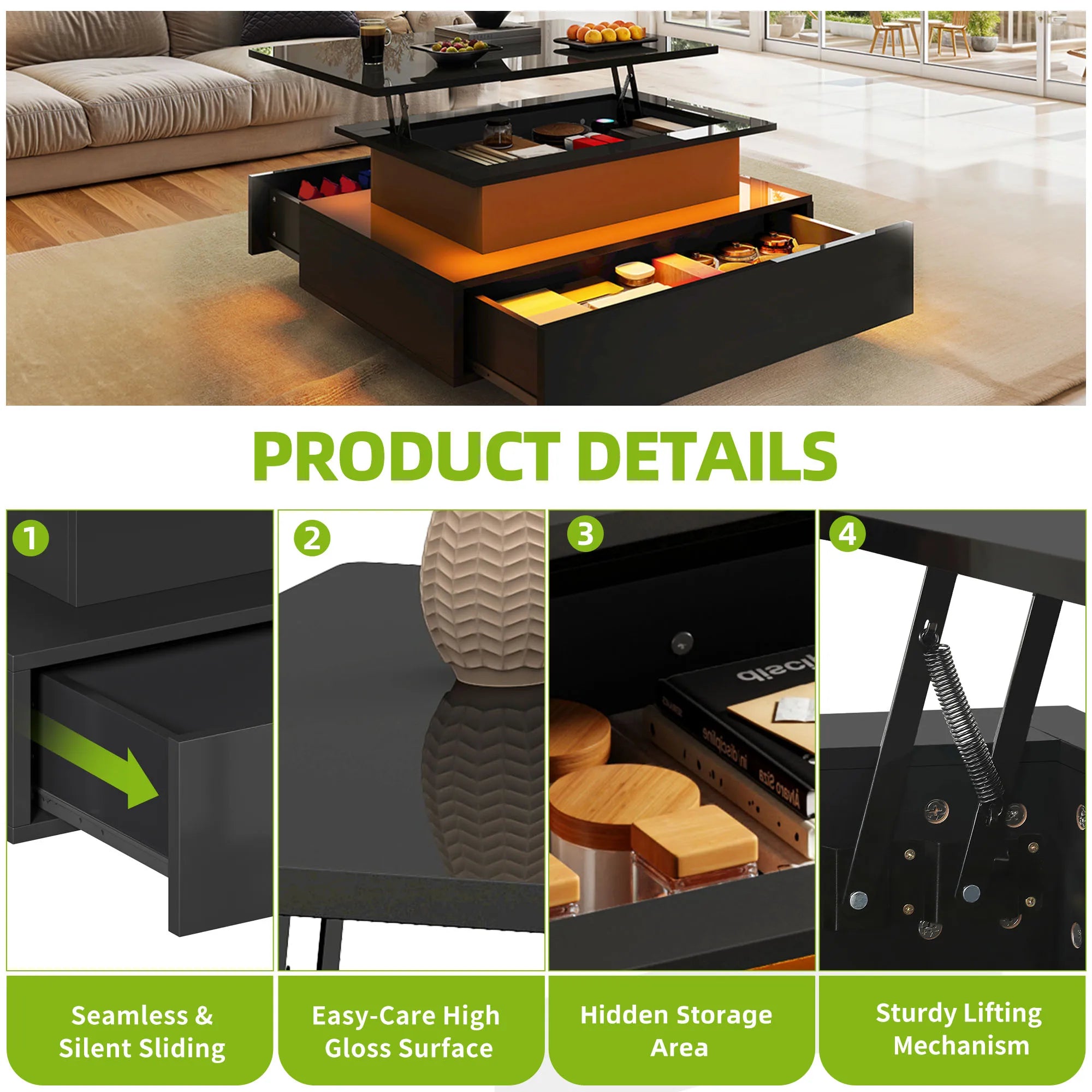 YITAHOME Lift-Top Coffee Table - Rectangular Modern Design with 16-Color LED Lighting & 2 Drawers, Elevated Lighted Surface